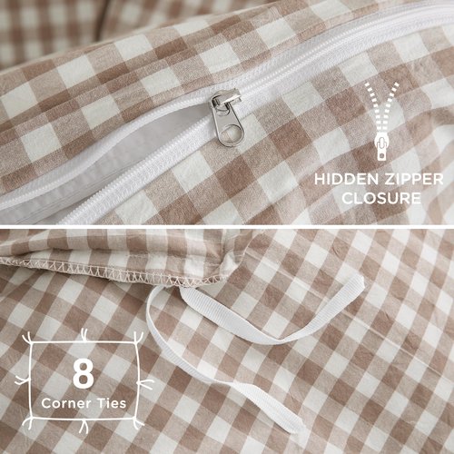 TOCOMOA Tan Gingham Duvet Cover Bedding Set 100% Washed Cotton Like Linen Feel Super Soft Comfy 3 Piece Brown Vintage Plaid Checkered Fall Comforter Cover Set (Queen 90"x90", Comforter Not Included)