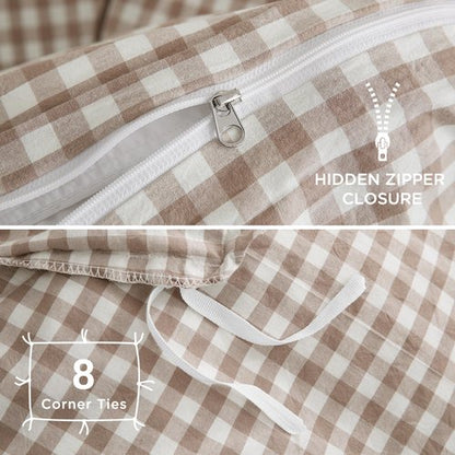 TOCOMOA Tan Gingham Duvet Cover Bedding Set 100% Washed Cotton Like Linen Feel Super Soft Comfy 3 Piece Brown Vintage Plaid Checkered Fall Comforter Cover Set (Queen 90"x90", Comforter Not Included)