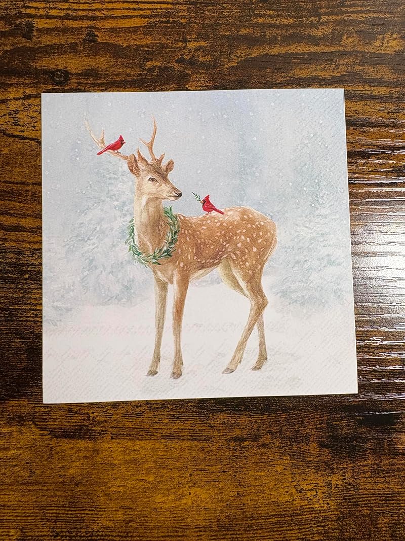 IHR Deer in Snow 5" x 5" 3-Ply Cocktail Napkins, 20-Count – Blue Christmas Table Decor