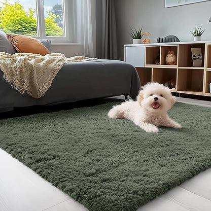 OLANLY 3x5 Soft Fluffy Shaggy Bedside Rug - Machine Washable Indoor Carpet for Kids & Nursery | Olive Green