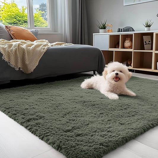 OLANLY 3x5 Soft Fluffy Shaggy Bedside Rug - Machine Washable Indoor Carpet for Kids & Nursery | Olive Green