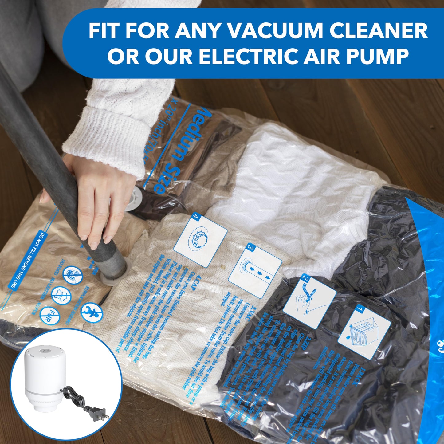Vacuum Storage Bags with Electric Air Pump 24 Combo (5 Jumbo/5 Large/5 Medium/5 Small/4 Roll), Space Saver Sealer Bags, Airtight Compression Bags for Clothes, Pillows, Comforters, Blankets, Bedding