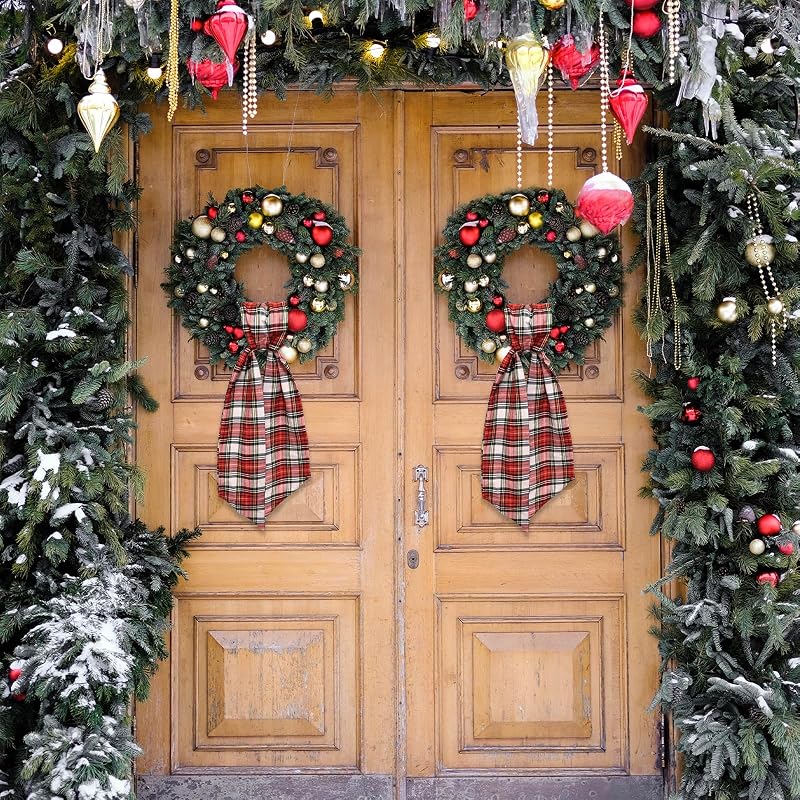 Christmas Wreath Sash for Front Door - Red Green Burlap Plaid Ribbon, 54.3 in