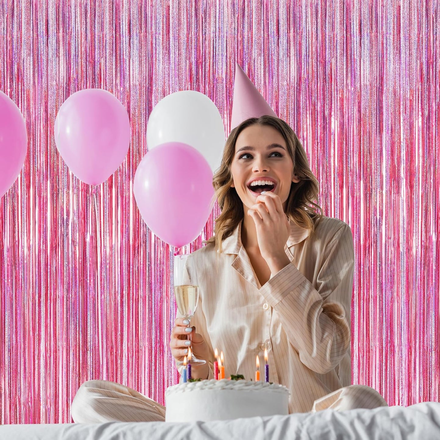 Skiennix Pink Backdrop - 8 Pack Metallic Glitter Fringe Curtains | 3.28 FT x 7.05 FT for Parties