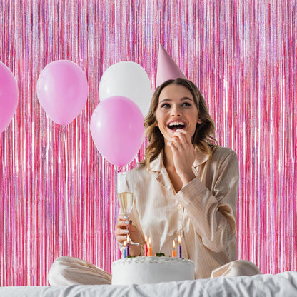 Skiennix Pink Backdrop - 12 Pack Metallic Glitter Tinsel Fringe Curtains | 3.28 FT x 7.05 FT Party Decor