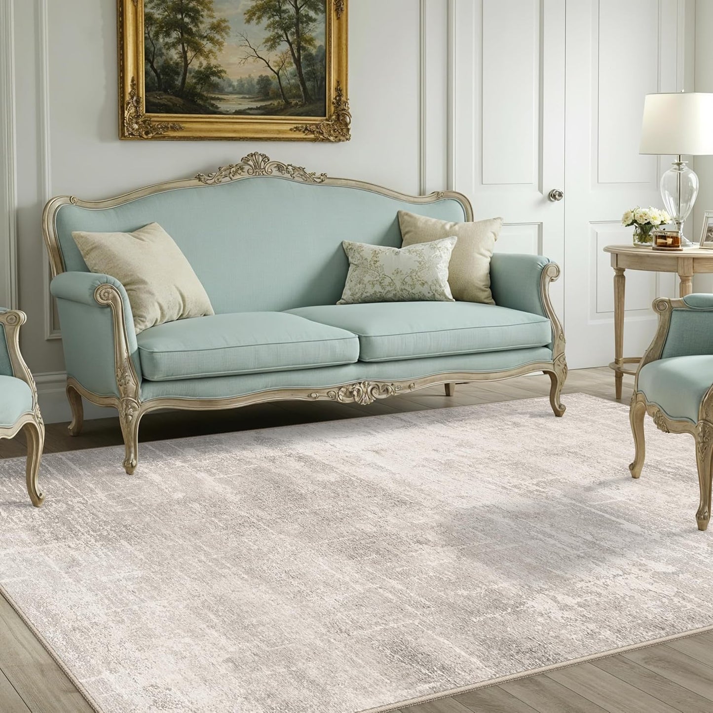 Skiennix Washable 4x8 Hallway Area Rug - Abstract Water Resistant Soft Runner | Non-Slip Low Pile Carpet in Beige/Cream