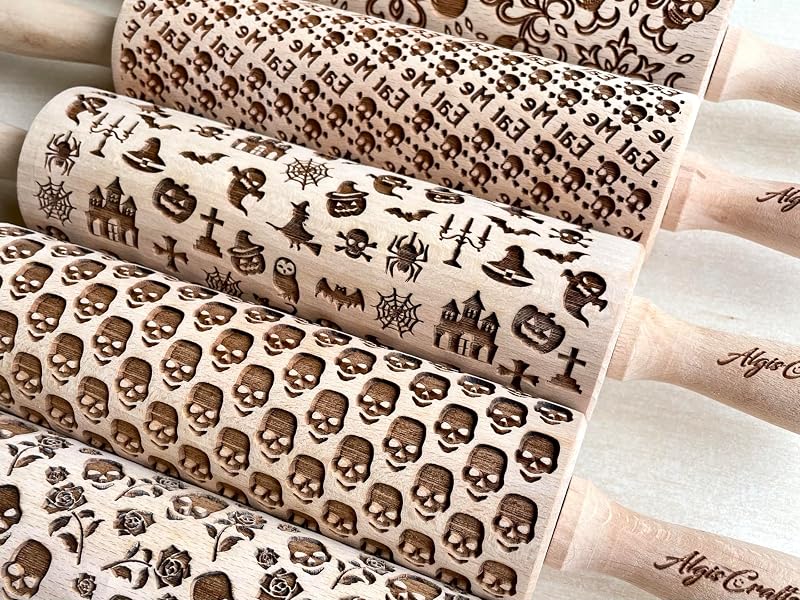 Skull Roses Embossed Rolling Pin – Beech Wood Dough Roller (7.9" Embossing Surface) - Halloween Cookie Stamp (Variation: Skull Roses)