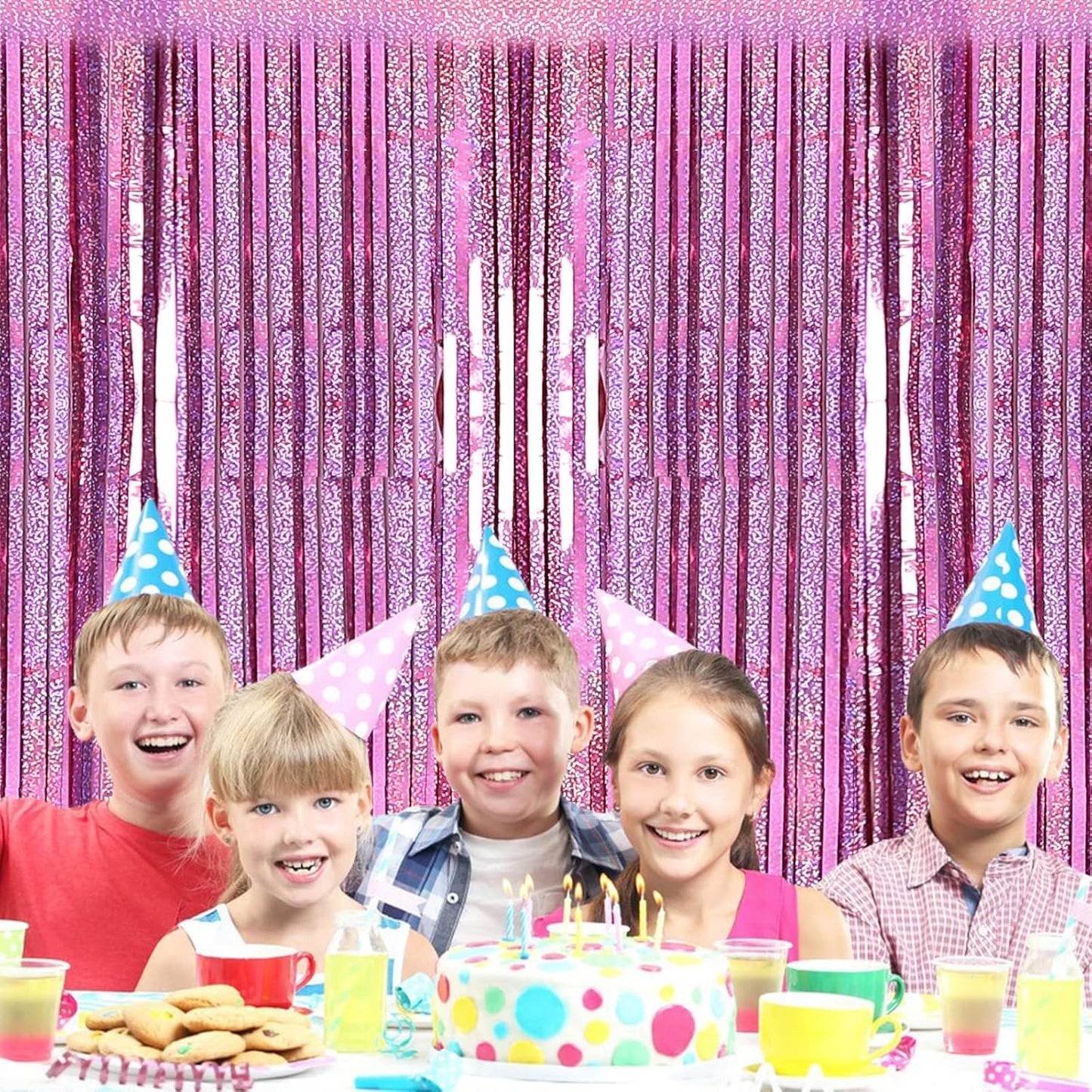 Skiennix Pink Metallic Tinsel Foil Fringe Curtains - 2 Pack 3.2ft x 8.2ft Backdrop for Parties & Events