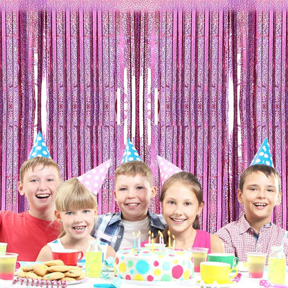 Skiennix Pink Metallic Tinsel Foil Fringe Curtains - 2 Pack 3.2ft x 8.2ft Backdrop for Parties & Events