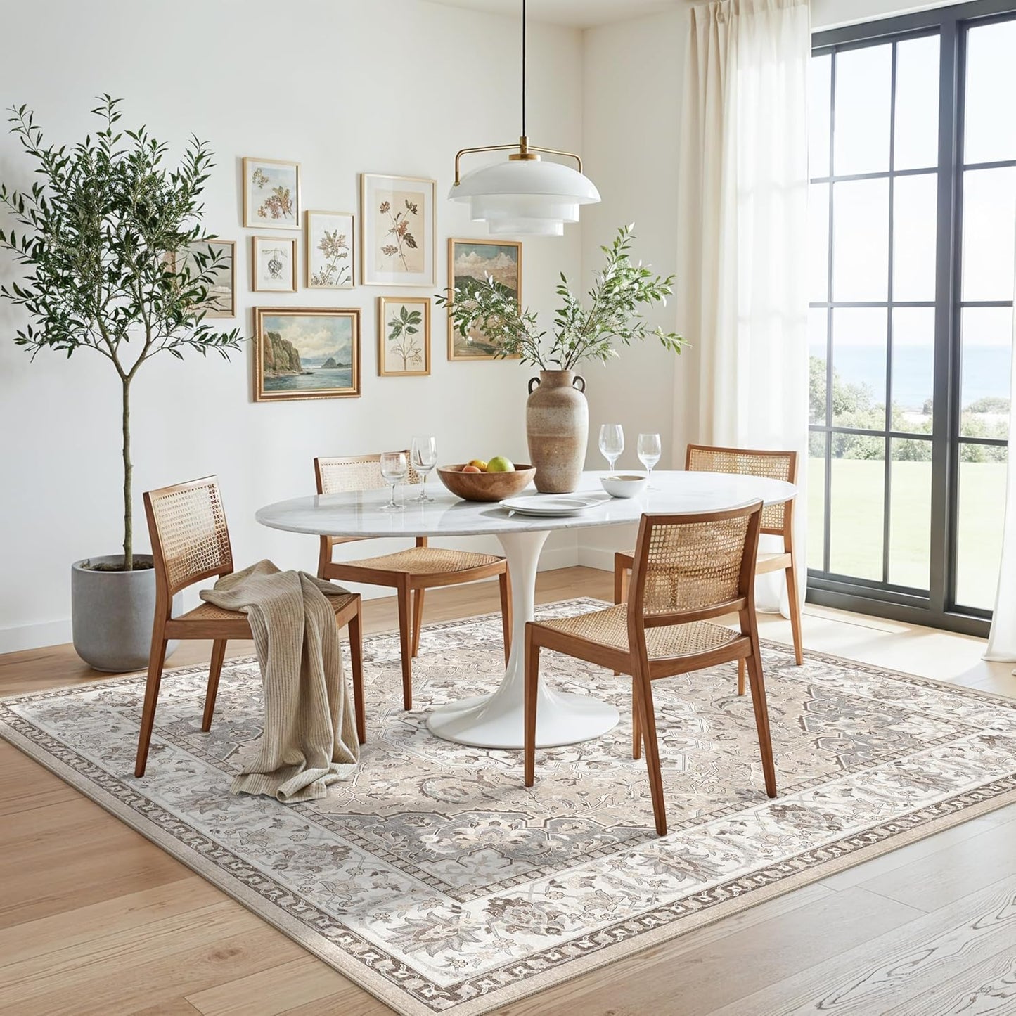 Skiennix 4x4 Washable Square Area Rug - Soft Non-Slip Kitchen Carpet | Water-Resistant Beige Mat for Living Room & Nursery