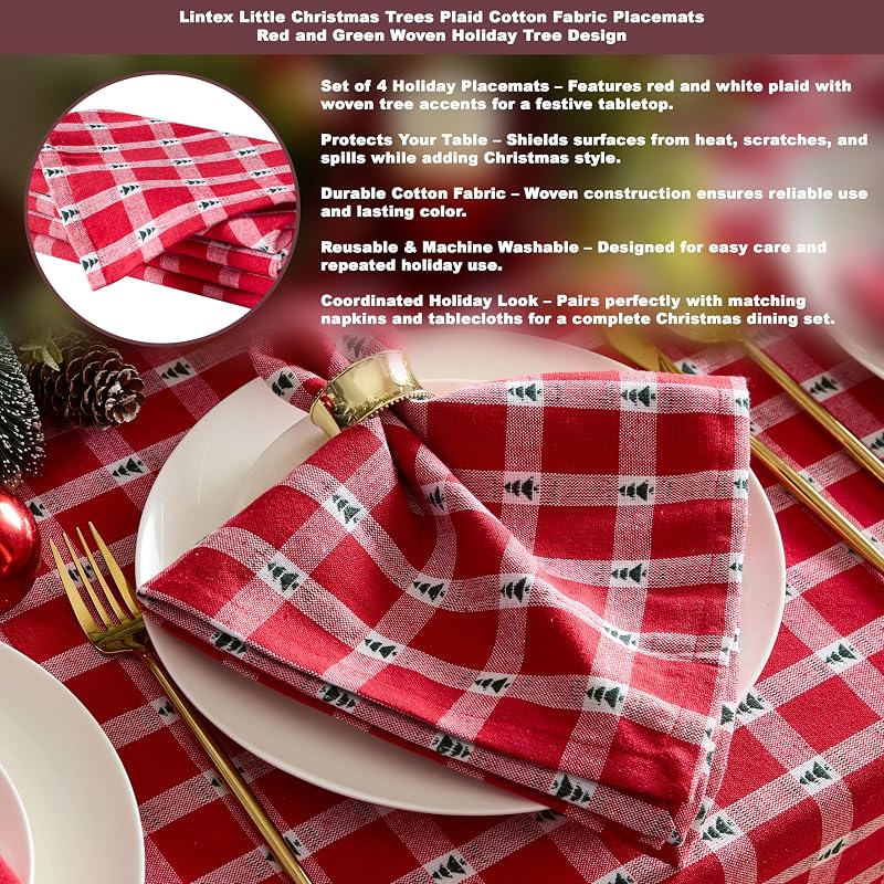 70" Round Christmas Tablecloth with Little Christmas Trees, Cotton Plaid – Lintex
