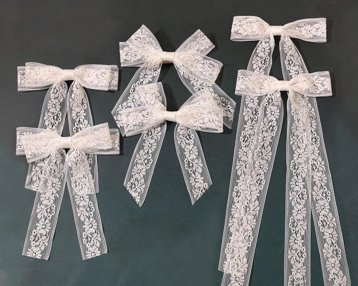 Skiennix White Lace Tulle Hair Bows - Elegant Long Tail Ribbons & Tassel Barrettes for Women