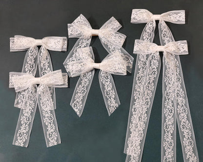 Skiennix White Lace Tulle Hair Bows - Elegant Long Tail Ribbons & Tassel Barrettes for Women