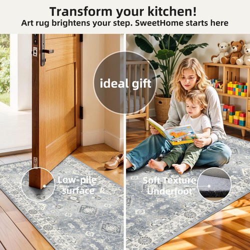 3x6 Hallway Washable Runner Rug : Vintage Non-Slip Soft Kitchen Laundry Runner Farmhouse Entryway Living Room Floor Mat Stain Resistant Carpet for Bedroom Bathroom Distressed Beside Rug(3x6,Grey)