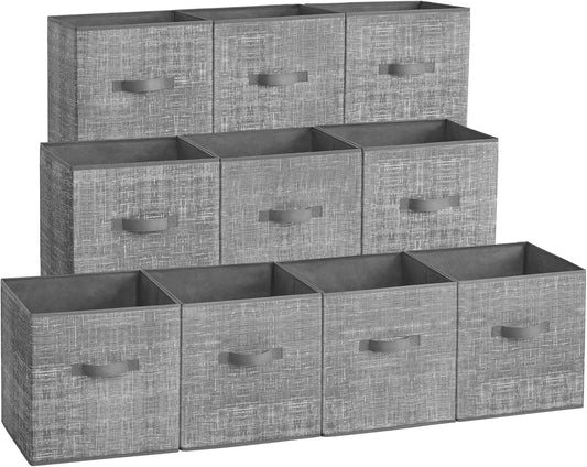 SONGMICS Storage Cubes - Foldable Non-Woven Fabric Bins with Double Handles | Set of 10, Cattail Gray, 10.2 x 10.2 x 11 Inches