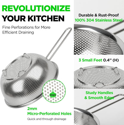 Premium 18/8 304 Stainless Steel Strainer Set of 3 - Micro-Perforated Design with Long Handle | Self-Draining Base for Pasta, Rice, Vegetables (1.5, 2.5, 4 Qt) - Made in Korea