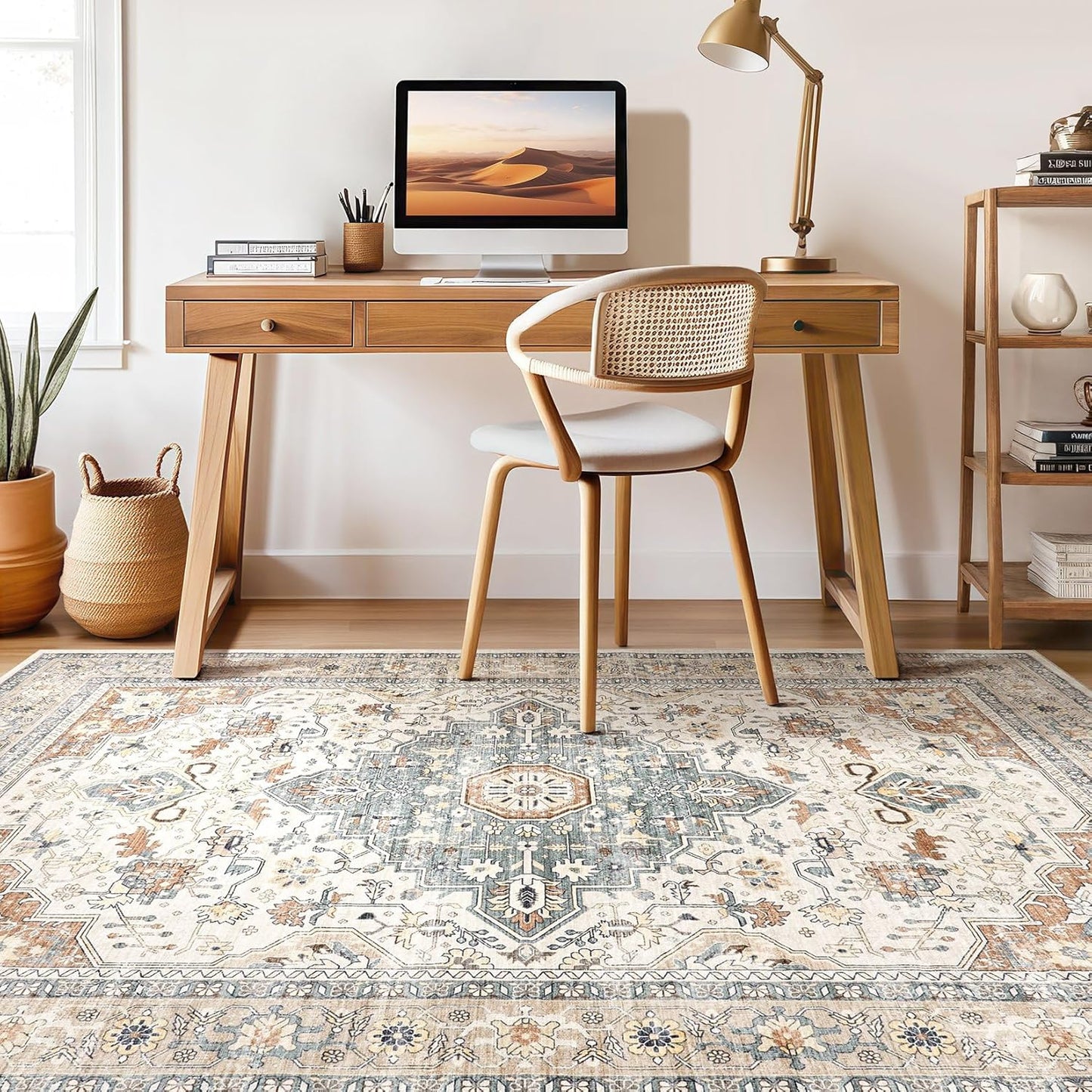 Skiennix 9x12 Area Rug - Washable Boho Vintage Design | Soft, Stain-Resistant Indoor Carpet in Beige & Blue