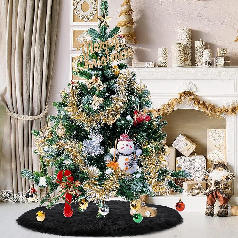 Parttely 36inch Black Wool Fur Christmas Tree Skirt - Thick Plush Holiday Decoration