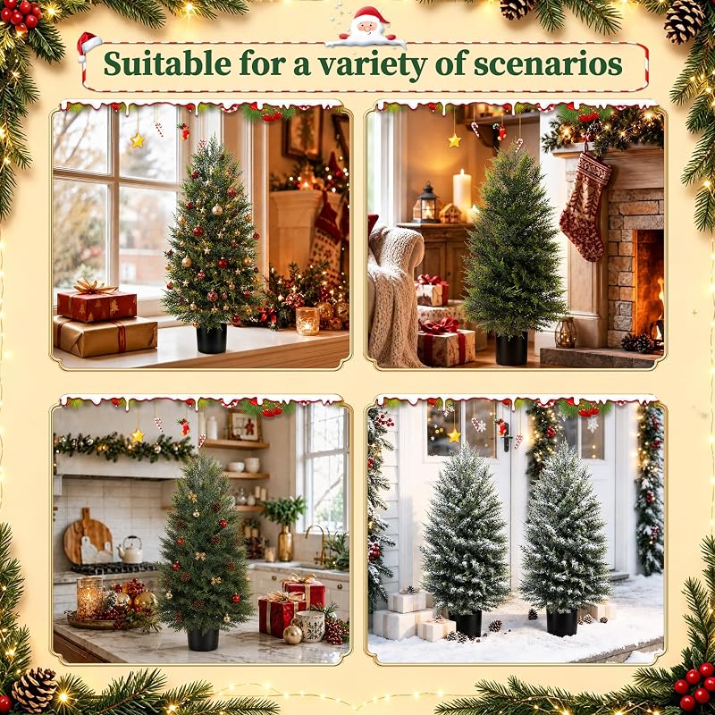 2 Pack 3ft Artificial Cedar Topiary Trees for Outdoor Front Porch - Realistic Faux Cedar