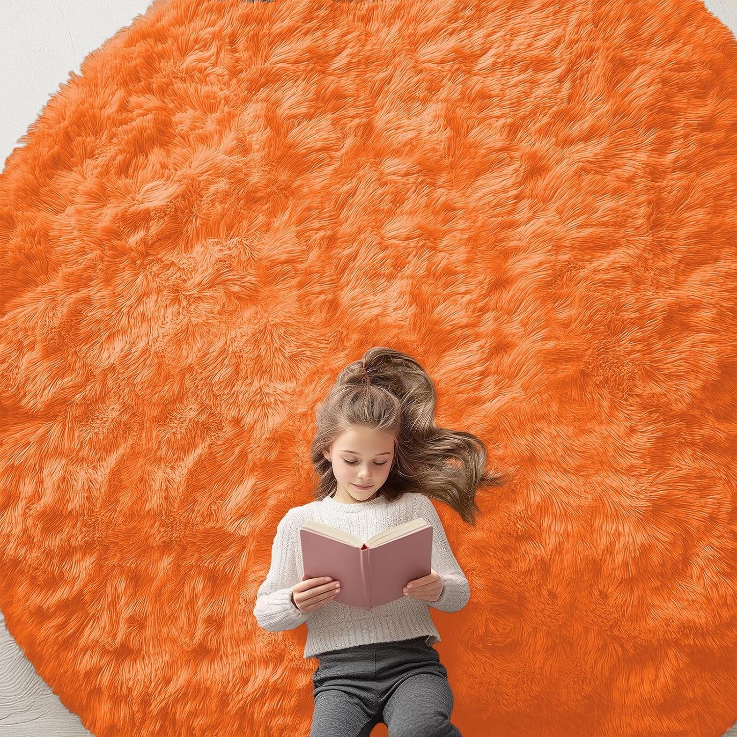 OLANLY Orange Round Area Rug - Soft, Fluffy, Machine Washable 9 ft Circle Carpet for Bedroom & Living Room Decor