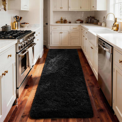 Ophanie 2x8 Non-Slip Runner Rug - Soft Fluffy Black Shaggy Carpet for Hallway & Bedroom Decor