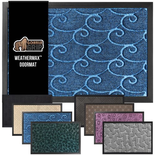 GORILLA GRIP 100% Waterproof All-Season WeatherMAX Doormat, 72x24, US Designed Natural Rubber, Stain and Fade Resistant, Low Profile Indoor Outdoor Door Mats, Easy Clean Patio Mat, Ocean Blue Waves