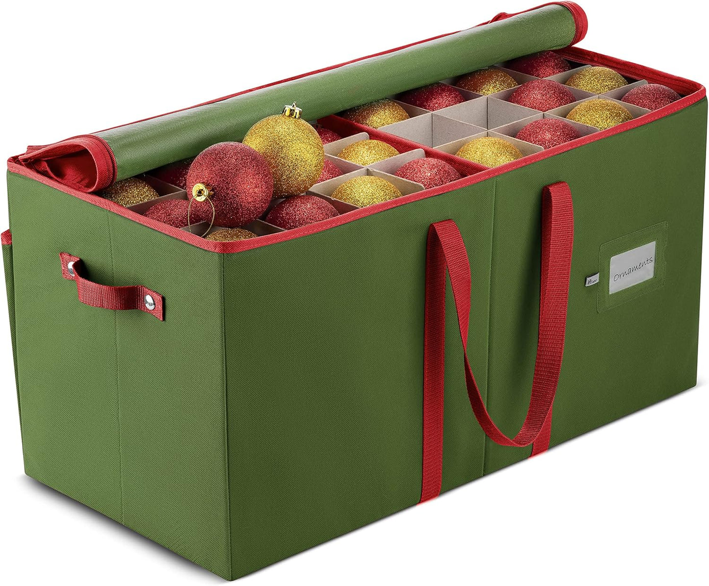 ZOBER Large Christmas Ornament Storage Box - Organize 128 3" Ornaments with Dividers - Durable Green Container with Extra Pockets & Dual Zipper