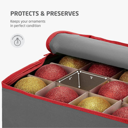 ZOBER Large Christmas Ornament Storage Box | Holds 128 3" Ornaments - Durable Organizer with Dividers & Extra Pockets - Gray