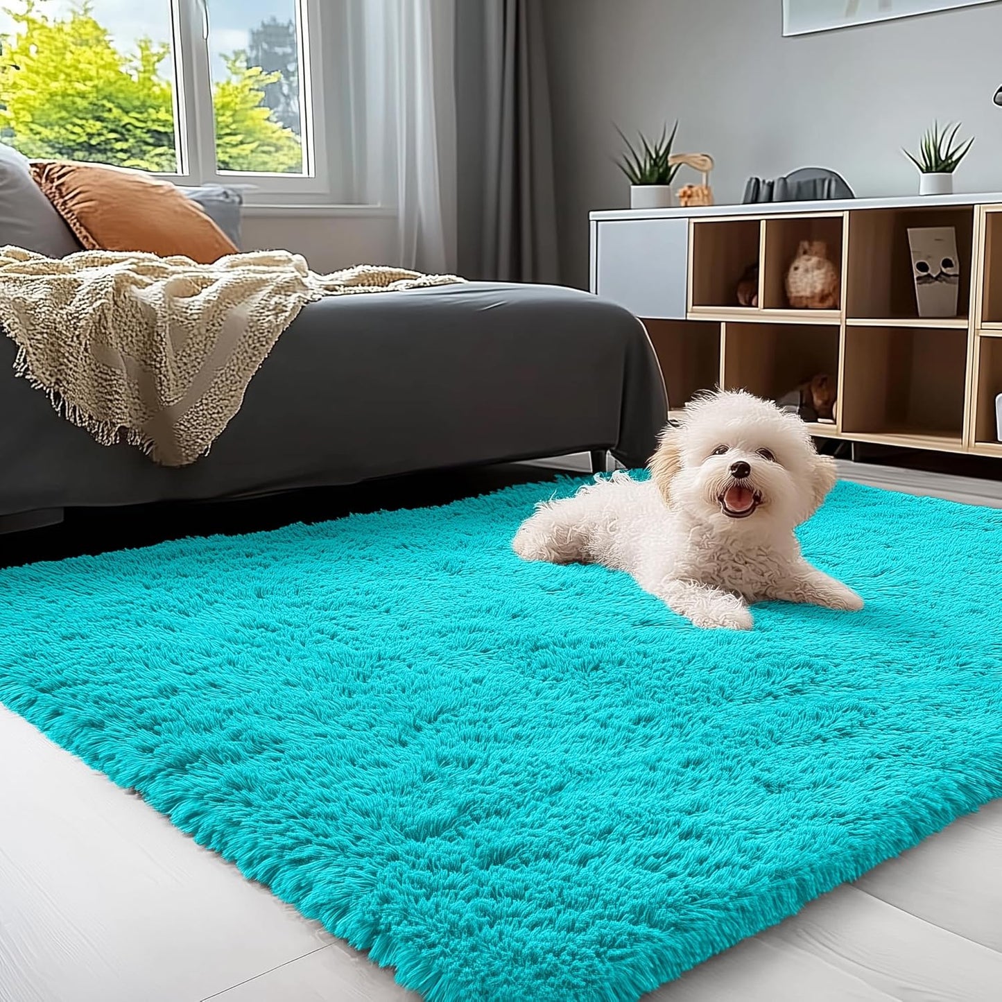 OLANLY Small Bedside Rug - Soft Fluffy Shaggy Carpet for Living Room & Bedroom | Teal Blue 3x5 ft