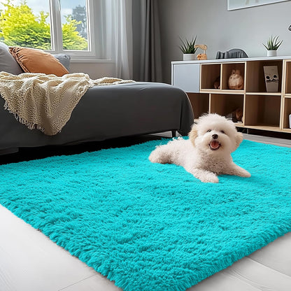 OLANLY Small Bedside Rug - Soft Fluffy Shaggy Carpet for Living Room & Bedroom | Teal Blue 3x5 ft