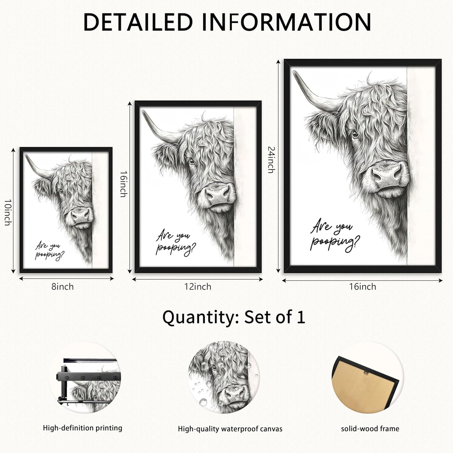Skiennix Funny Highland Cow Wall Art - Black & White Rustic Bathroom Decor | 12x16 Inch Framed Canvas