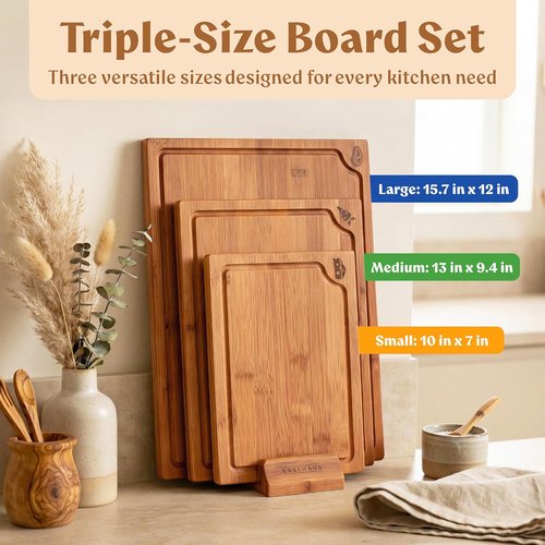 Carbonized Bamboo Cutting Boards - Set of 3 Heat Treated Chopping Boards with Juice Groove & Stand