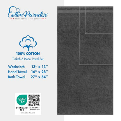 Cotton Paradise 6 Piece Towel Set 100% Cotton Soft Absorbent Turkish Towels for Bathroom 2 Bath Towels 2 Hand Towels 2 Washcloths, Dark Gray Towel Set
