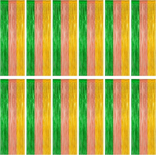 Hawaiian Party Decorations by [Brand Name] - 12 Pack Luau Backdrop Fringe Curtains | Metallic Green, Brown, Yellow 3.28 FT x 7.05 FT