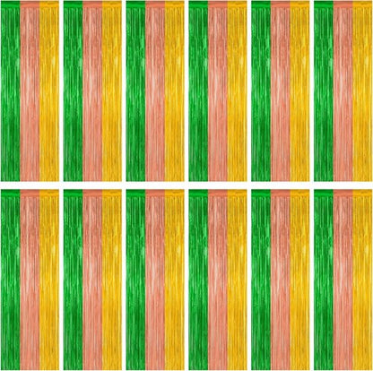Hawaiian Party Decorations by [Brand Name] - 12 Pack Luau Backdrop Fringe Curtains | Metallic Green, Brown, Yellow 3.28 FT x 7.05 FT