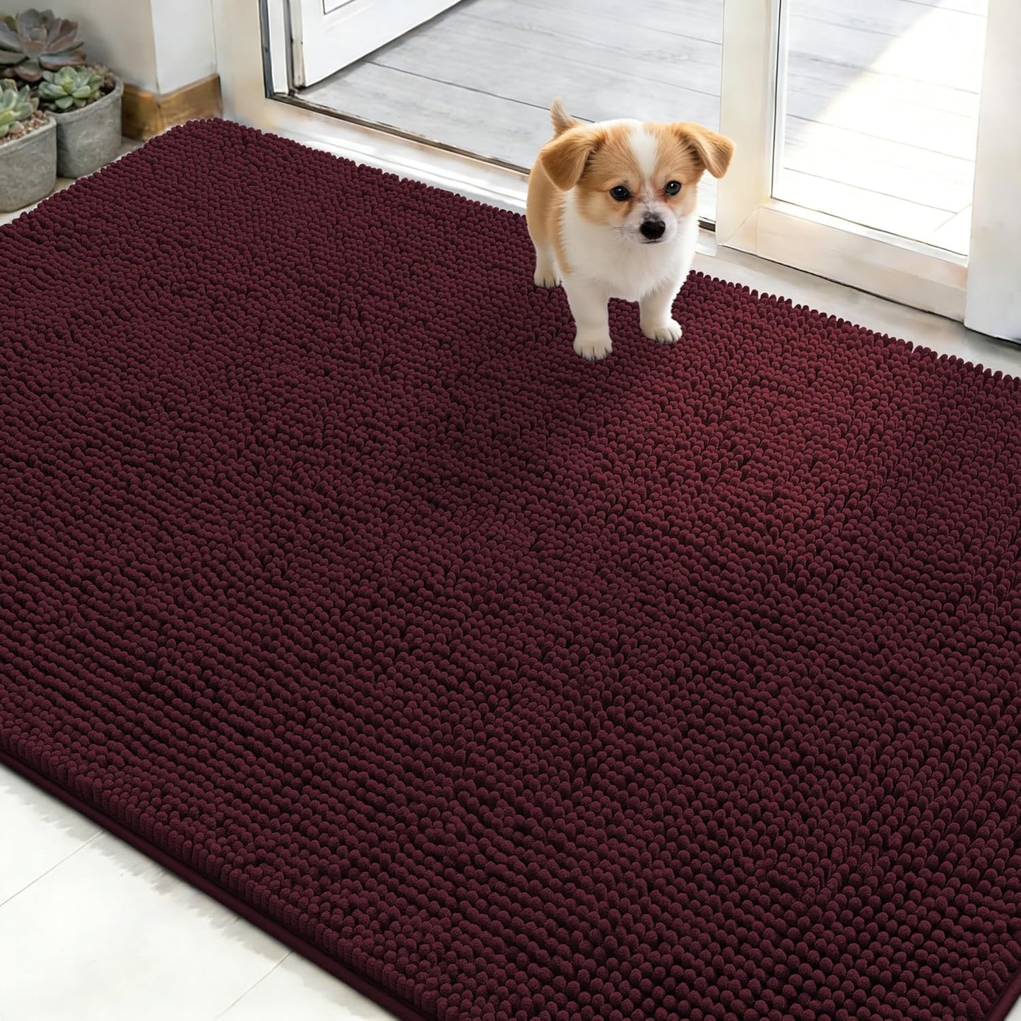 OLANLY Dog Door Mat - Absorbent Non-Slip Chenille Mat for Muddy Paws | 48x30, Quick Dry, Russet
