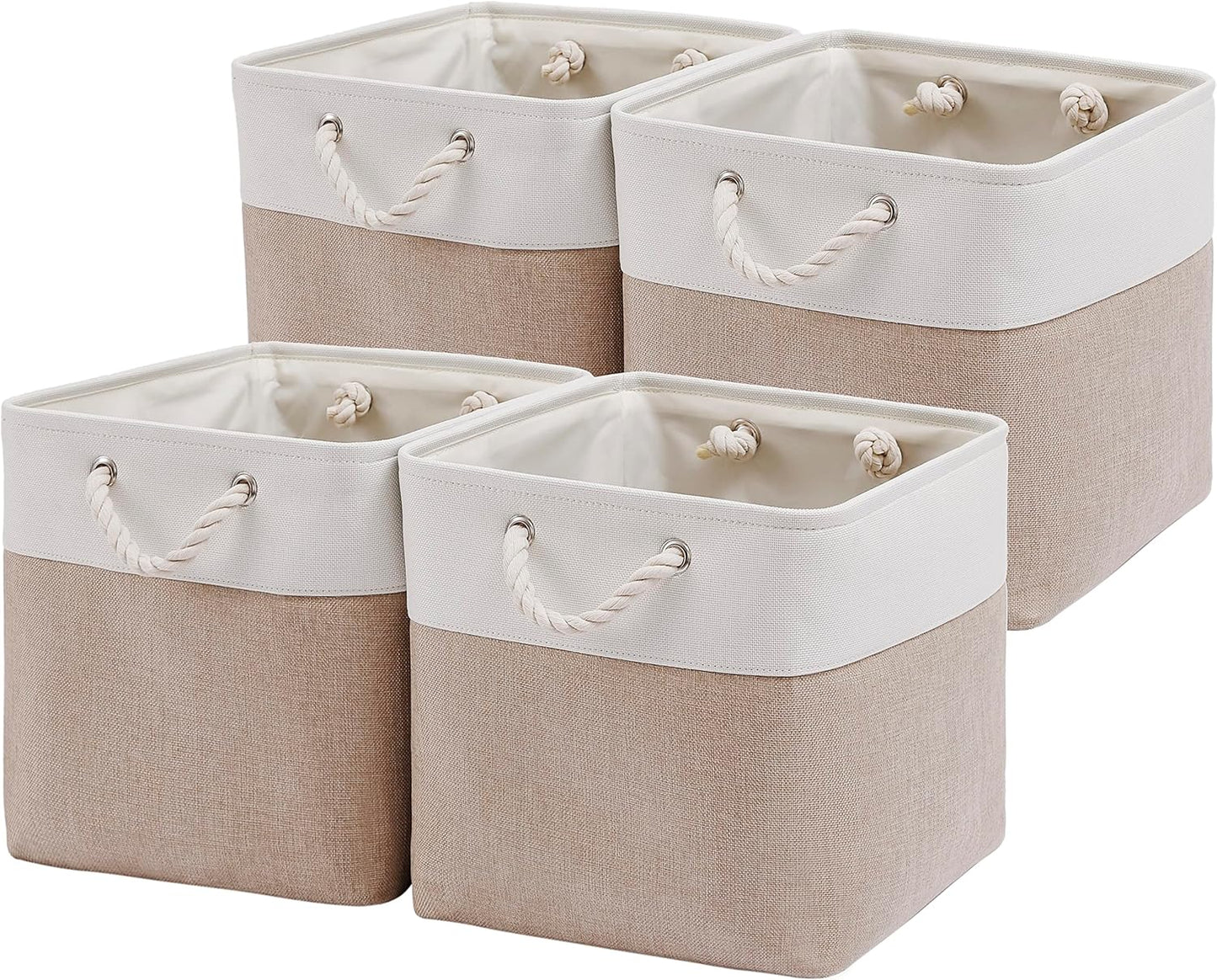 MidmmVick Cube Storage Bins - 13 x 13 Inch Collapsible Fabric Bins, 4 Pack for Home & Office | White & Beige