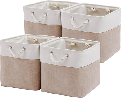 MidmmVick Cube Storage Bins - 13 x 13 Inch Collapsible Fabric Bins, 4 Pack for Home & Office | White & Beige