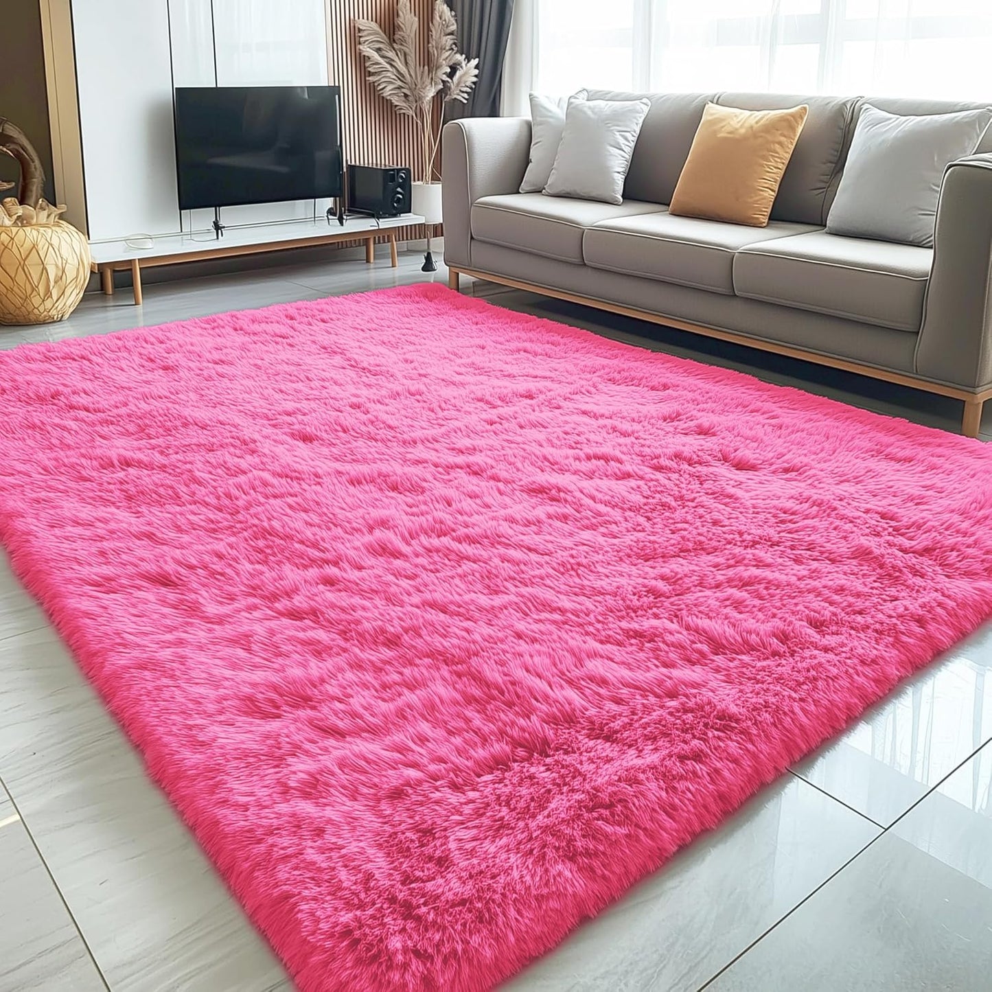 OLANLY Large 5x8 Machine Washable Area Rug - Soft Fluffy Shaggy Carpet for Living Room & Bedroom | Hot Pink