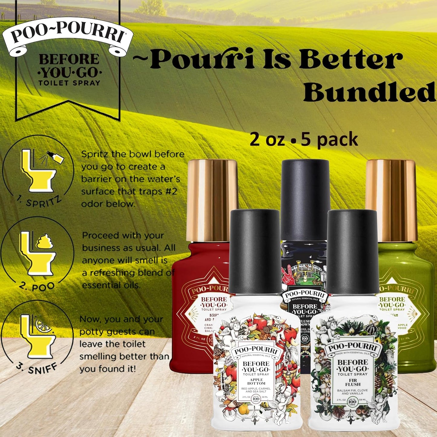 Poo-Pourri Toilet Spray Set - 5 Pack of 2 oz Bottles in Peaches & Cream, Berry & Bright, Balsam Bum