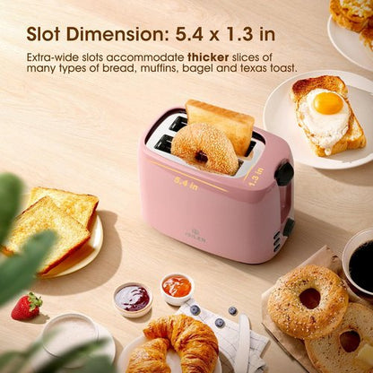 iSiLER 2-Slice Toaster - 1.3-Inch Wide Slot Bagel Toaster with 7 Shade Settings | Pink Finish, Removable Crumb Tray