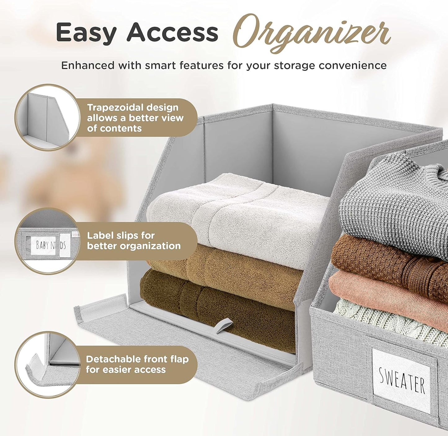 VIVIDECOR Trapezoid Closet Bins - 12x12x10 Fabric Storage Baskets | Light Gray, 3-Pack Collapsible Organizers