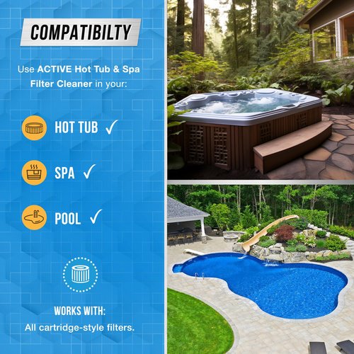 ACTIVE Spa Hot Tub Filter Cleaner - 32oz (2-4 Uses) Cleaning Soaking Solution, Hot Tubs & Pool Cartridge Cleaner, Natural Power Degreaser to Revive & Prolong O-Filters Life Time - Made in USA
