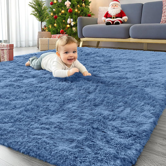 OLANLY Area Rug - Soft Fluffy Shaggy Design - Machine Washable 4x5.9 ft - Ideal for Living Room, Bedroom, Nursery, Blue