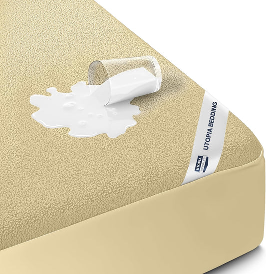 Utopia Bedding Twin Size Mattress Protector - Waterproof Terry Cover | Soft, Breathable & Deep Pocket 15" (Beige)