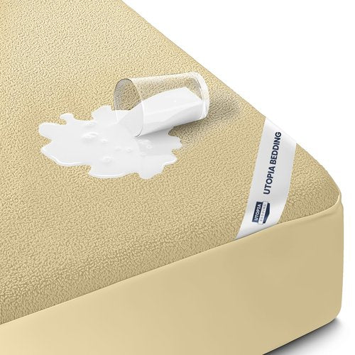 Twin XL Size Mattress Protector Waterproof, Premium 200 GSM Terry Mattress Cover, Soft & Breathable Bed Cover, Fitted Sheet Style Stretchable Deep Pockets 15" by Utopia Bedding (Beige)