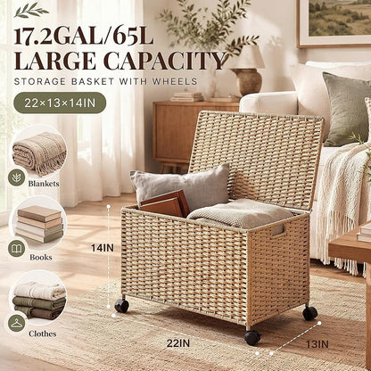 17.2 Gallon Wicker Storage Trunk Basket with Lid and Wheels – Natural Paper Rope, 65 L — Variation: Natural+17.2 Gallon/65 L+Paper