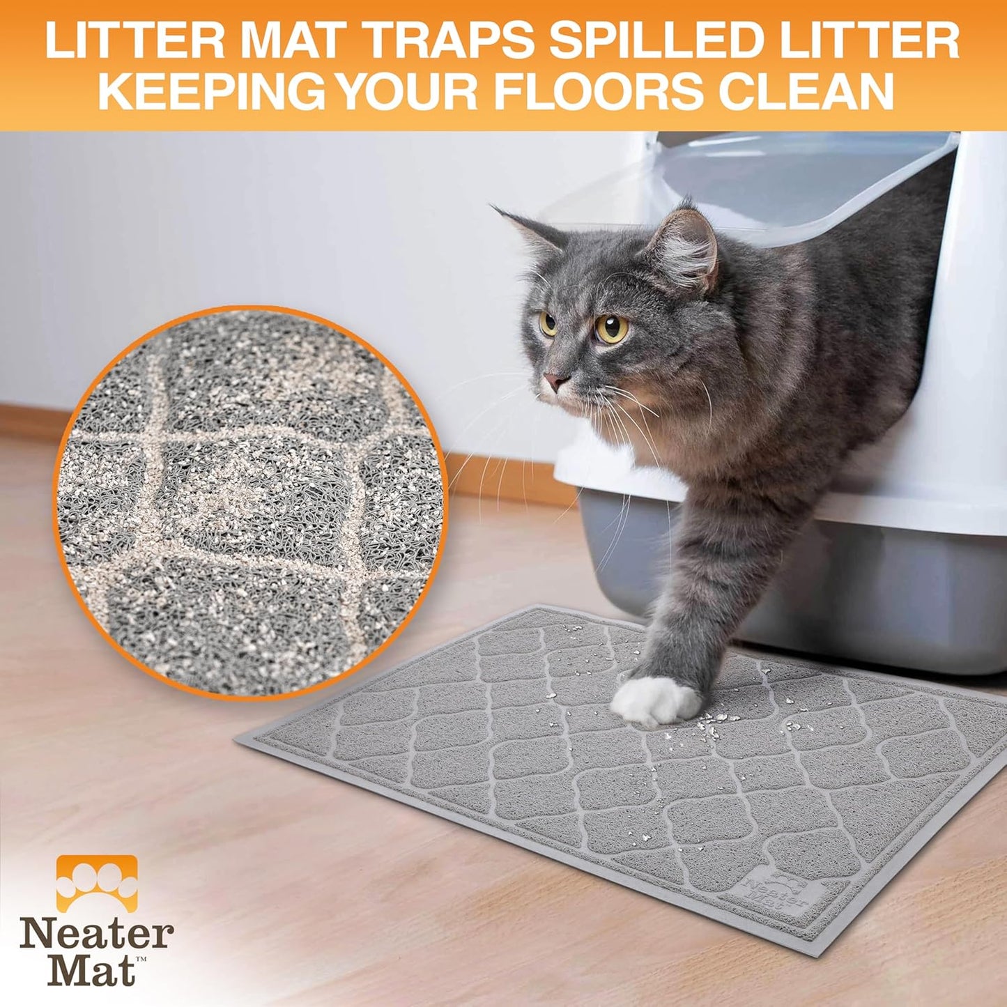 Neater Pets Cat Litter Mat - Thick & Durable Trapper Pad | Soft on Paws, Anti-Skid, Easy to Clean, Grey