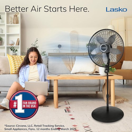 Lasko Oscillating Pedestal Fan - Adjustable Height, Remote Control, 4 Speeds | 20" Black Floor Fan for Home & Office