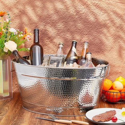 Uiifan 2 Pcs 24 Quart 6 Gallon Hammered Stainless Steel Beverage Tub Heavy Duty Oval Metal Large Ice Bucket for Drinks Bucket Cooler Ice Container for Bar Wedding Parties Anniversary Wine (Silver)